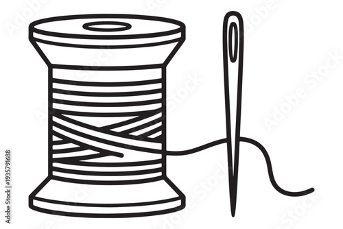 A simple black and white illustration of a spool of thread and a sewing needle