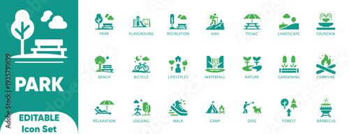 Park Solid Icon Set. nature, recreation, landscape, leisure, outdoor, tourism boards, editable, and vector icons,