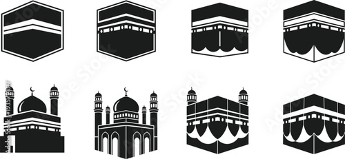 Kaaba and mosque icon set with black silhouette Islamic symbols for Hajj, Umrah, Ramadan Kareem, and Eid Mubarak religious design