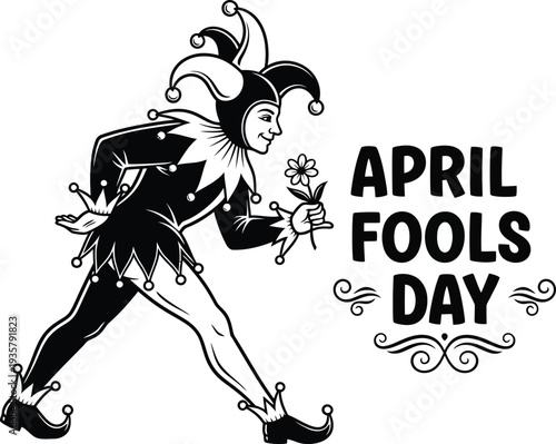 April fools day silhouette illustration with jester holding a flower
