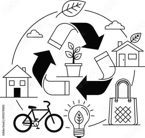 Eco-friendly living concept with recycling symbol and sustainable lifestyle icons like plant, bike, and light bulb around wqe 316