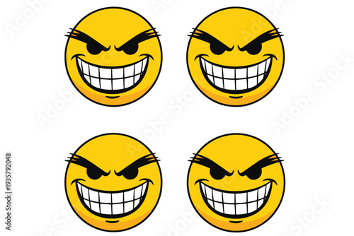 A set of four cartoonish angry emojis with white teeth and black eyebrows on a plain white background.