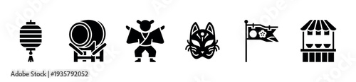 Set of black glyph icons representing traditional Asian festival elements like a lantern, drum, performer, fox mask, flag, and food stall in a minimalist silhouette style