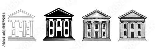 Four classical style building illustrations show different graphic styles, including simple line art, silhouette, detailed engraving, and a halftone dot pattern