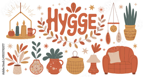  Hygge lifestyle illustration with cozy home decor elements isolated on transparent background