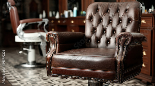 Classic barbershop with dark wood paneling and leather chesterfield sofa, background composition