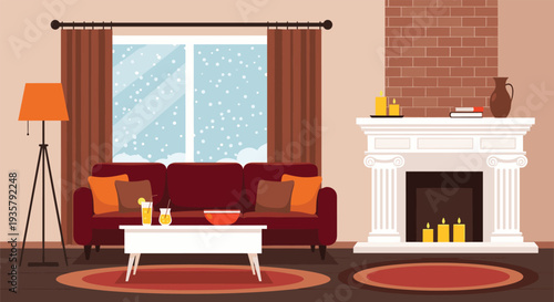 Cozy living room interior with sofa fireplace and snowy window view