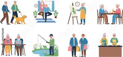 Senior people daily activities set including yoga fishing cooking and walking