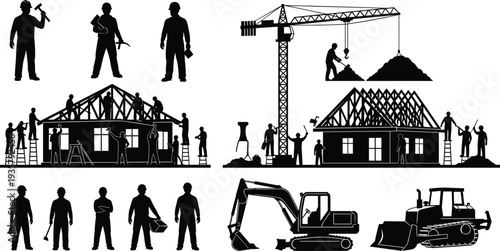 Construction workers silhouette set, building house site, heavy machinery excavator bulldozer, crane operator, engineering teamwork, industrial development, builder tools, architectural project.