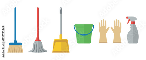 Collection of colorful cleaning supplies including a broom, mop, dustpan, bucket, gloves, and spray bottle arranged in a neat row in a simple flat vector illustration style