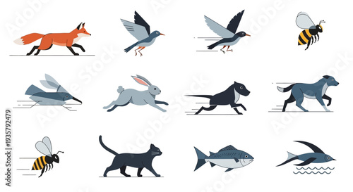 Various Animals Running Illustration.