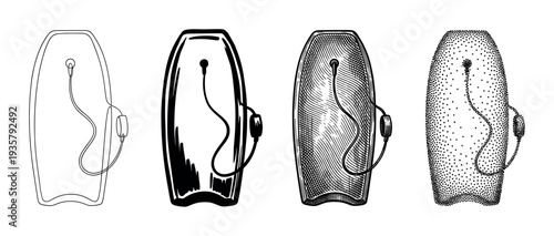 Four bodyboard illustrations with attached leashes show different artistic styles including clean line art, bold ink, vintage engraving, and dotwork stippling