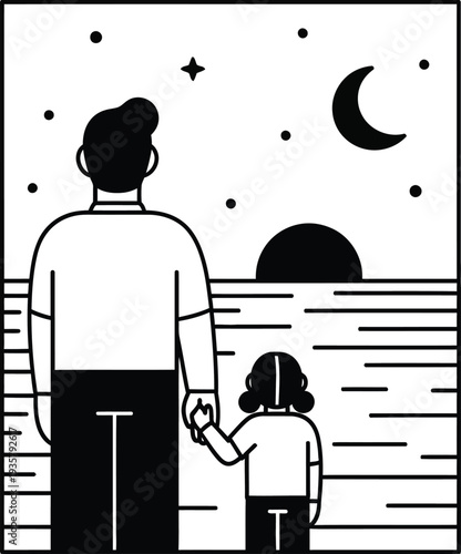 Man and Child Gazing at Night Sky Together, Holding Hands, Peaceful Scene Illustration