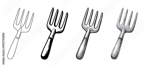 Four black and white fork illustrations showing different artistic styles, including continuous line drawing, bold outline, vintage engraving, and modern stippling technique