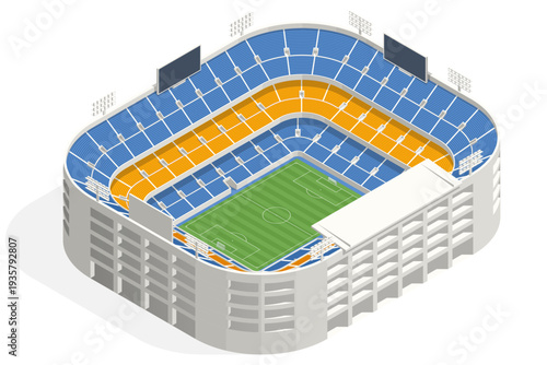Isometric football stadium arena with green soccer field, tribune seat and sport infrastructure. Large arena prepared for professional championship match. Sport architecture and fan event location.