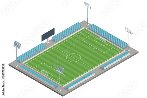 Isometric football stadium arena with green soccer field, tribune seat and sport infrastructure. Large arena prepared for professional championship match. Sport architecture and fan event location.