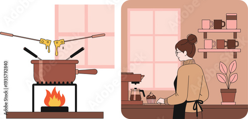 Cooking pasta in pot and barista preparing coffee in cafe vector illustration