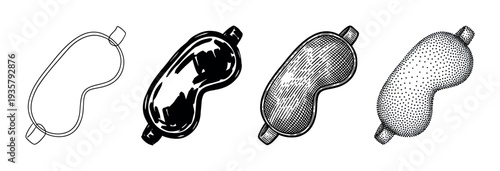 Four black and white sleeping masks illustrated in various graphic styles including line art, silhouette, engraving, and stippling for a collection of sleep accessories