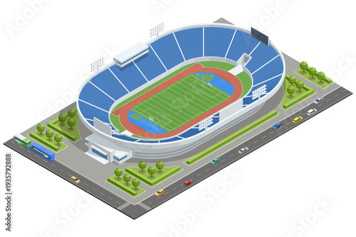 Isometric football stadium arena with green soccer field, tribune seat and sport infrastructure. Large arena prepared for professional championship match. Sport architecture and fan event location.