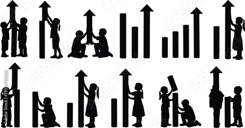 Creative children silhouette set building growth charts and upward arrows for financial education, future planning, success, and investment vector design.