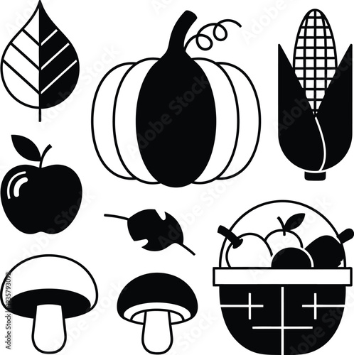Black and white illustration of autumnal harvest with pumpkin, corn, and fruit
