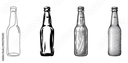 Set of four glass beer bottles rendered in different black and white illustration techniques like line art, brush stroke, vintage woodcut hatching, and pointillism dotwork