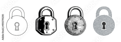 Set of four black padlock illustrations showing different artistic styles including continuous line, comic, vintage engraving, and stippling for security concepts