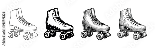 Set of four retro roller skates illustrated in different artistic styles including line art, hatching, stippling, and solid black and white for a vintage feel