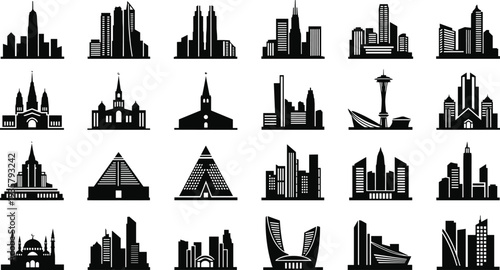 Mega collection of black vector icons featuring city skylines skyscrapers pyramids castles bridges trees cars and modern urban architecture silhouettes set