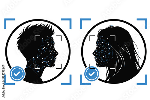 Facial recognition technology scanning the faces of a man and a woman