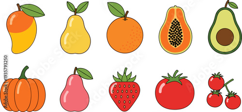 Colorful Fruit and Vegetable Icon Set Featuring Mango, Pear, Orange, Papaya, Avocado, Pumpkin, Strawberry, Tomato and Cherry Tomatoes for Healthy Food Design