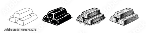 Set of four gold bar illustrations showing different artistic styles including line art, silhouette, engraving, and stippling for financial and investment concepts