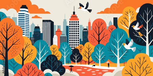 USA, US, U.S, United States - Central Park Autumn Foliage with NYC Skyline – Ultra‑Wide Layered Flat Vector Illustration of the United States’ Iconic Urban Park