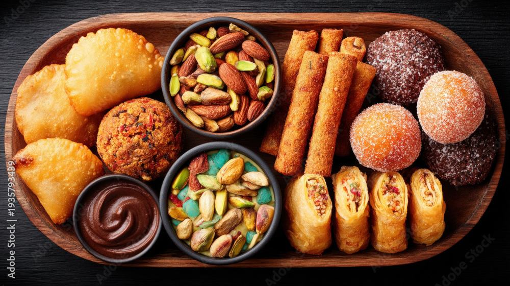 Fototapeta premium Diwali food - Indian sweets and snacks on a platter