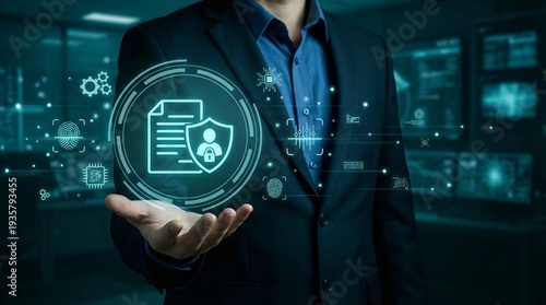 Data Security and Digital Privacy Concept with a Businessman Holding a Holographic Interface Showing Protection