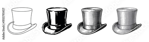 Set of four black top hats illustrated in different graphic styles, including simple line art, bold ink sketch, detailed engraving, and a halftone dot pattern for a classic vintage aesthetic