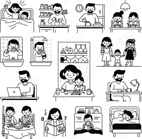 Family daily routine illustration showcasing morning and bedtime activities, parenting moments, and household chores in a home environment.