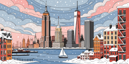 USA, US, U.S, United States - Snowy New York Winter Skyline with Soft Pastel Sky – Ultra‑Wide Flat Vector Panoramic Illustration | NYC USA Seasonal Cityscape Art