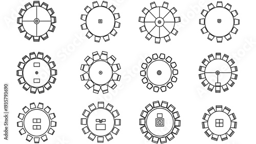 Top-down view of circular dining table arrangements with chairs
