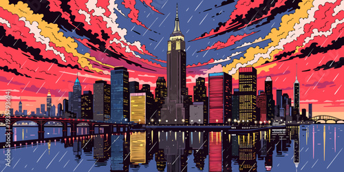 USA, US, U.S, United States - Manhattan Skyline Night Lights with Vibrant Neon Reflections on Water – Ultra‑Wide Panoramic Vector Illustration | New York City USA Modern Urban Art