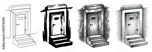 Four black and white door illustrations in a collection demonstrating various artistic methods like one-line art, ink sketch, classic engraving, and stippling
