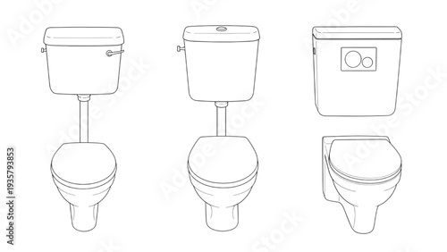Collection of various toilet designs with cisterns and bowls