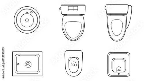 Collection of various modern toilet designs and bidet top view line art illustrations for bathroom fixture concepts