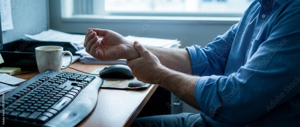 Fototapeta premium Office worker holding painful wrist at desk, concept of wrist pain and office syndrome