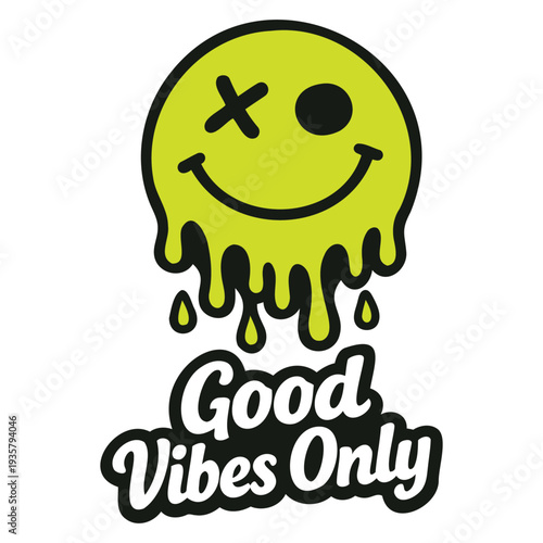 Cute dripping smiley face with crossed eyes and happy expression melting into drops isolated illustration