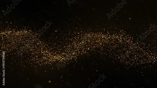 Luxurious golden dust particles flowing in a smooth horizontal wave. Abstract cinematic gold sand or energy stream motion background.