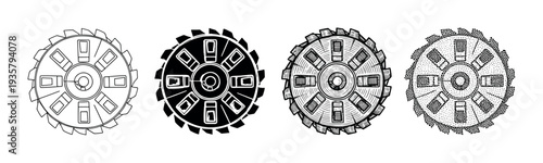 Set of four industrial milling cutter illustrations in different graphic styles including line art, silhouette, detailed engraving, and stippling for technical design