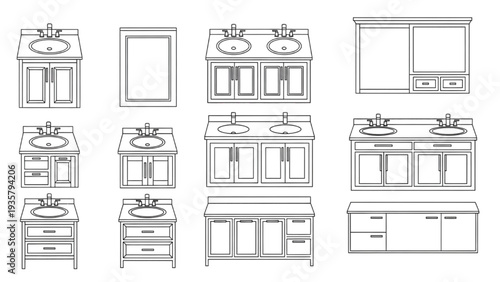 Collection of Detailed Technical Line Drawings for Various Bathroom Vanity and Sink Cabinet Designs