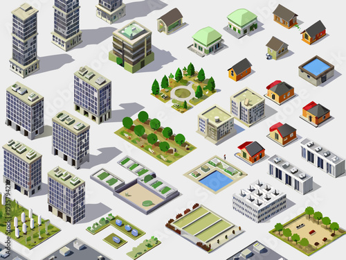 Isometric city illustration featuring diverse buildings parks and infrastructure