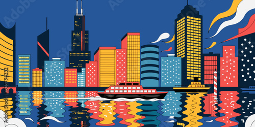 USA, US, U.S, United States - Chicago Skyline Night Reflections on the River with Vibrant City Lights – Ultra‑Wide Flat Vector Illustration | Illinois USA Modern Urban Cityscape Art
